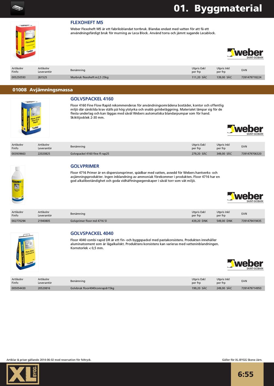 005250593 261525 Murbruk flexoheft m2,5 25kg 111,20 SÄC 139,00 SÄC 7391479718224 01008 Avjämningsmassa GOLVSPACKEL 4160 Floor 4160 Fine Flow Rapid rekommenderas för användningsområdena bostäder,