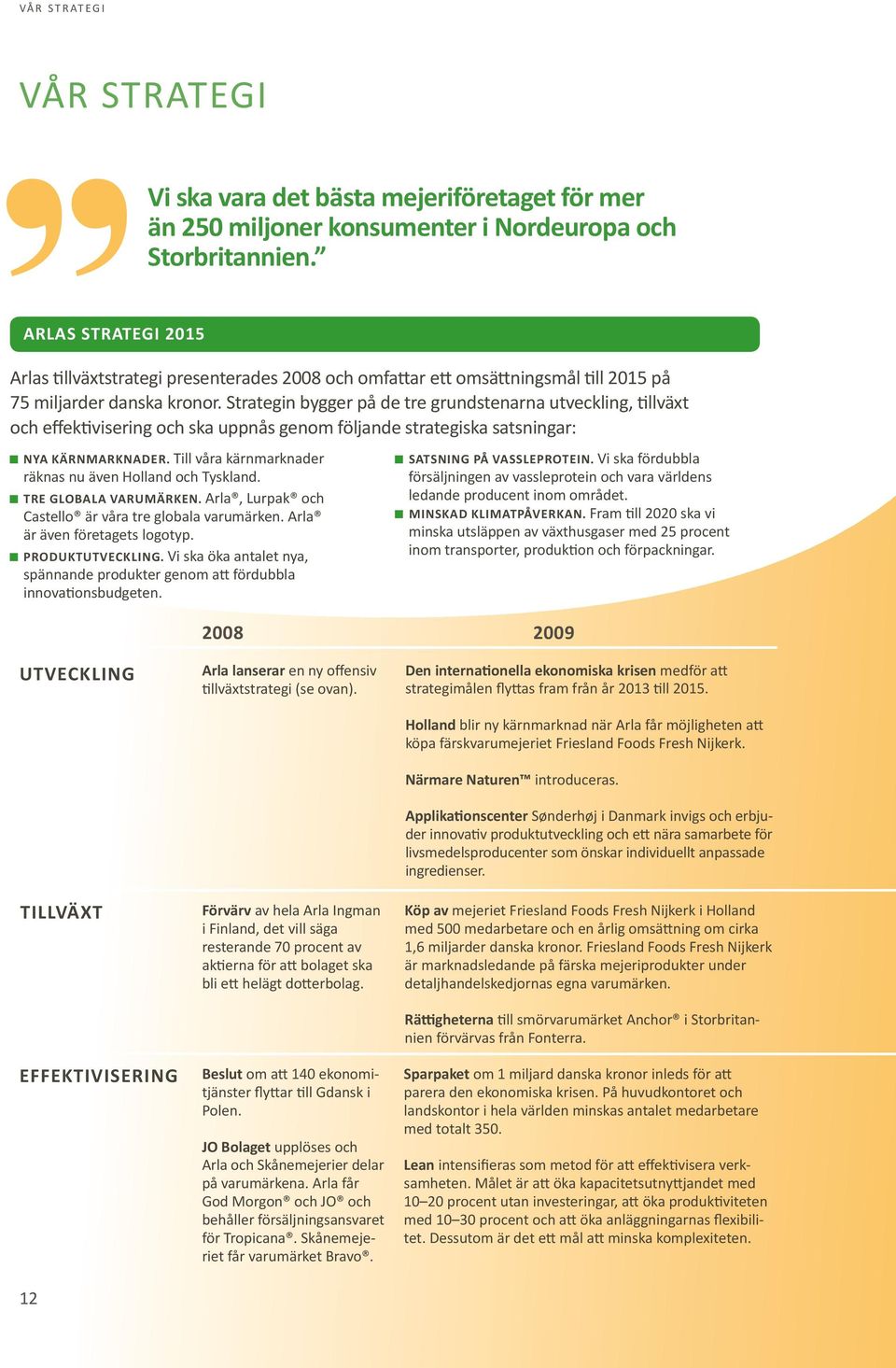 Strategin bygger på de tre grundstenarna utveckling, tillväxt och effektivisering och ska uppnås genom följande strategiska satsningar: nya kärnmarknader.