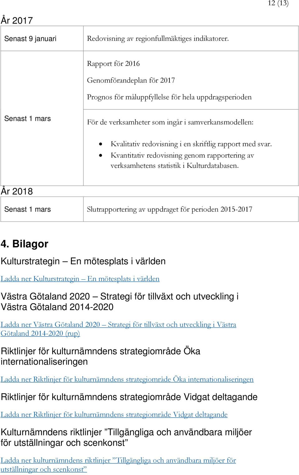 rapport med svar. Kvantitativ redovisning genom rapportering av verksamhetens statistik i Kulturdatabasen. År 2018 Senast 1 mars Slutrapportering av uppdraget för perioden 2015-2017 4.