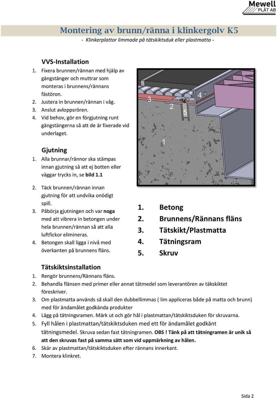 Tätningsram Skruv Tätskiktsinstallation 1. Rengör brunnens/rännans fläns. 2. Behandla flänsen med primer eller annat tätmedel som leverantören av täkskiktet föreskriver. 3.