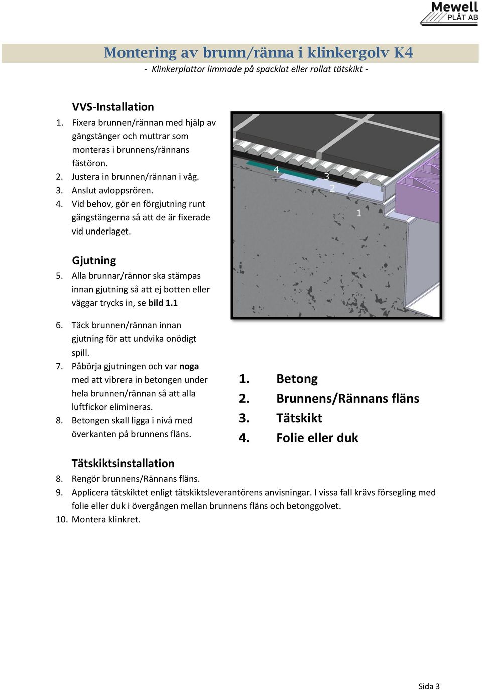 Betongen skall ligga i nivå med överkanten på brunnens fläns. 3. Tätskikt 4. Folie eller duk Tätskiktsinstallation 8. Rengör brunnens/rännans fläns. 9.