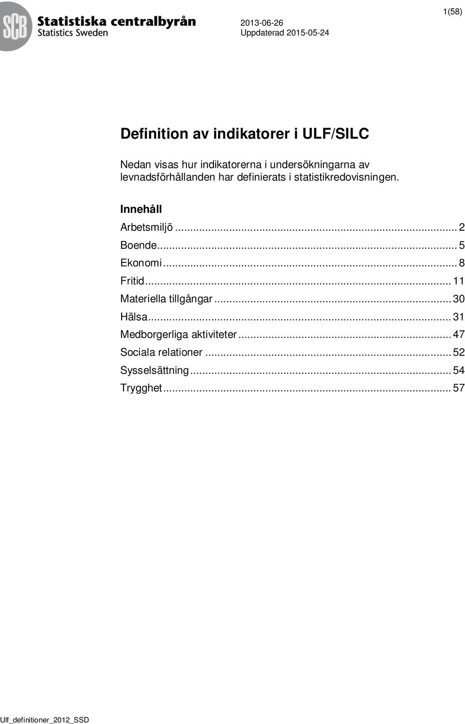 Innehåll Arbetsmiljö... 2 Boende... 5 Ekonomi... 8 Fritid... 11 Materiella tillgångar.