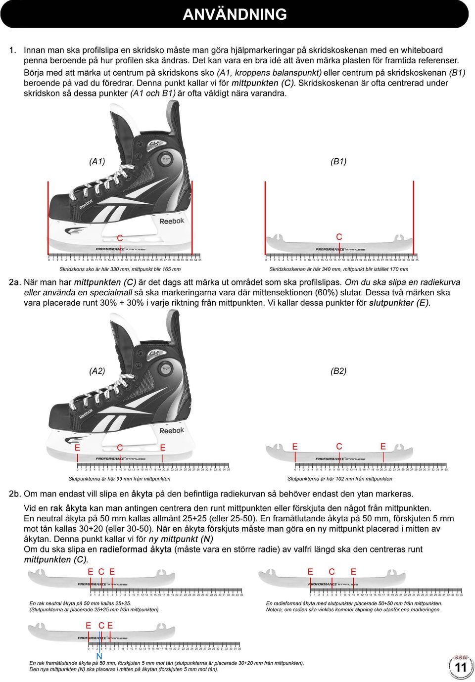 Börja med att märka ut centrum på skridskons sko (A 1, kroppens balanspunkt) eller centrum på skridskoskenan (B 1) beroende på vad du föredrar. Denna punkt kallar vi för mittpunkten (C).