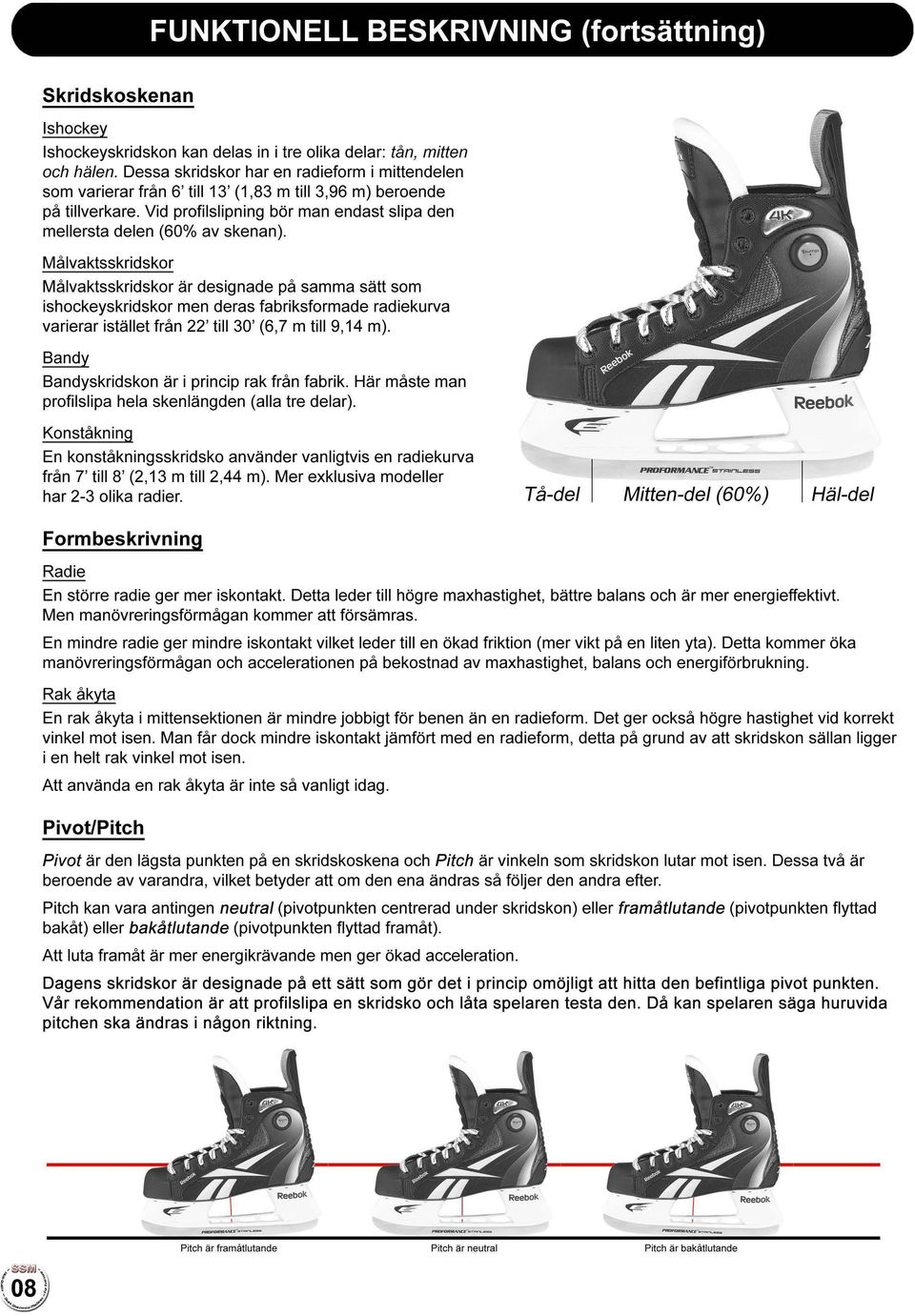 Målvaktsskridskor Målvaktsskridskor är designade på samma sätt som ishockeyskridskor men deras fabriksformade radiekurva varierar istället från 22' till 30' (6,7 m till 9,14 m).