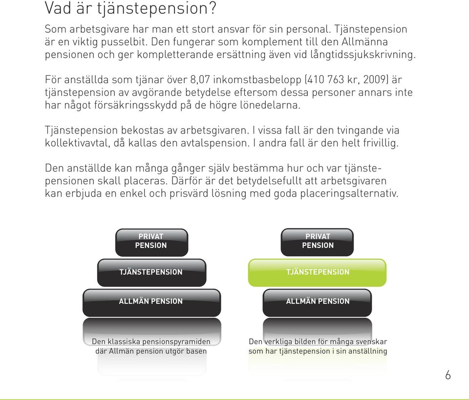 För anställda som tjänar över 8,07 inkomstbasbelopp (410 763 kr, 2009) är tjänstepension av avgörande betydelse eftersom dessa personer annars inte har något försäkringsskydd på de högre lönedelarna.