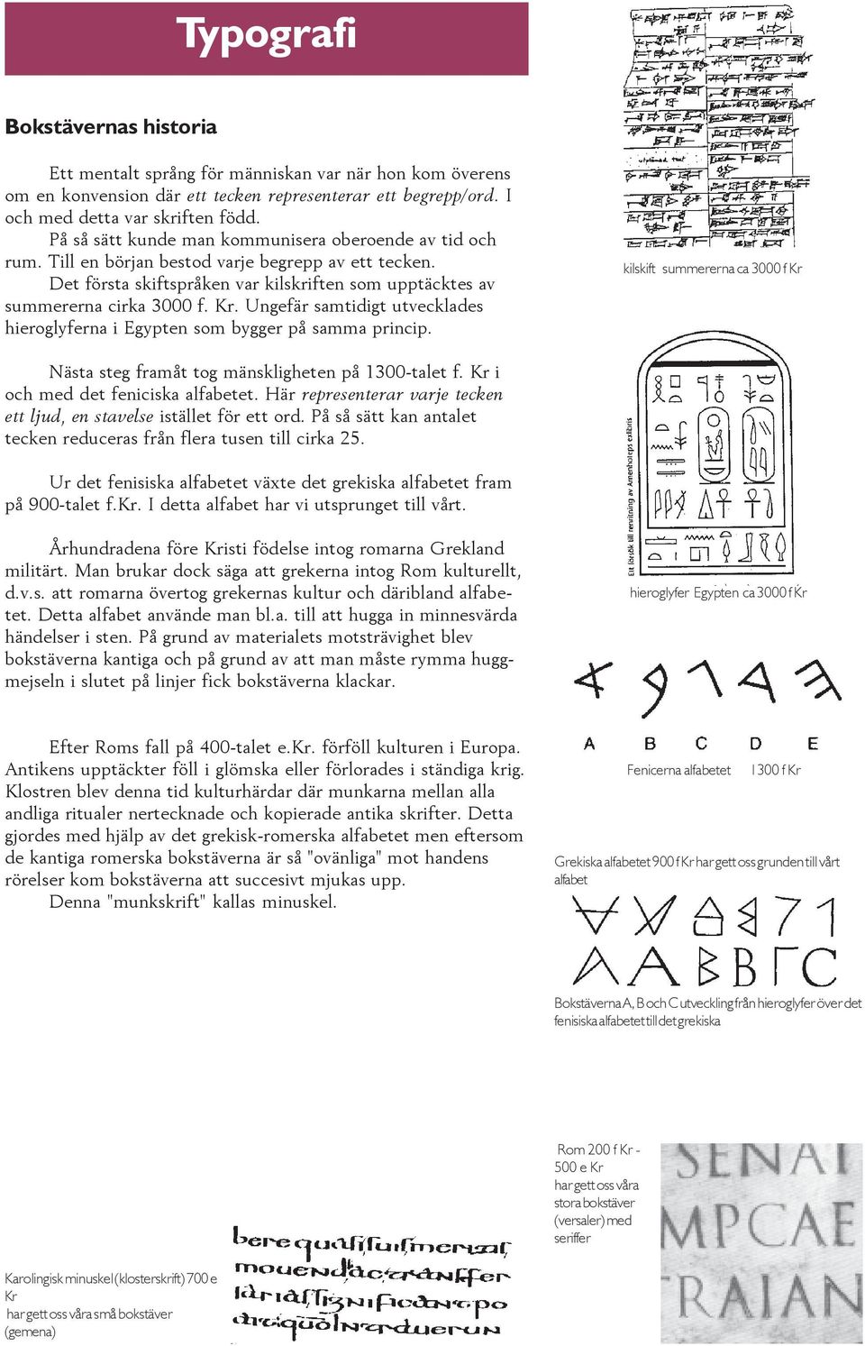 Ungefär samtidigt utvecklades hieroglyferna i Egypten som bygger på samma princip. kilskift summererna ca 3000 f Kr Nästa steg framåt tog mänskligheten på 1300-talet f.