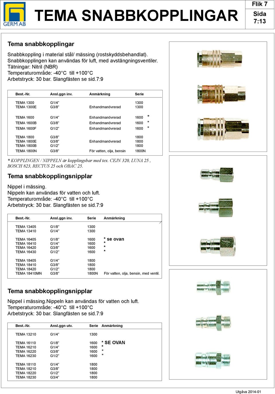Anmärkning Serie TEMA 1300 G1/4 1300 TEMA 1300E G3/8 Enhandmanövrerad 1300 TEMA 1600 G1/4 Enhandmanövrerad 1600 * TEMA 1600B G3/8 Enhandmanövrerad 1600 * TEMA 1600F G1/2 Enhandmanövrerad 1600 * TEMA