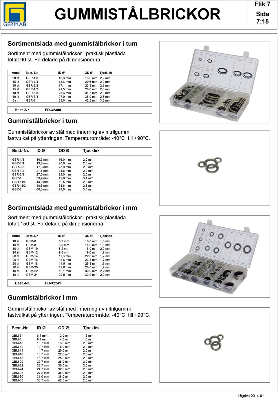 GBR-3/4 27,0 mm 35,0 mm 2,8 mm 5 st GBR-1 33,6 mm 42,8 mm 3,6 mm FD-32300 Gummistålbrickor i tum Gummistålbrickor av stål med innerring av nitrilgummi fastvulkat på ytterringen.