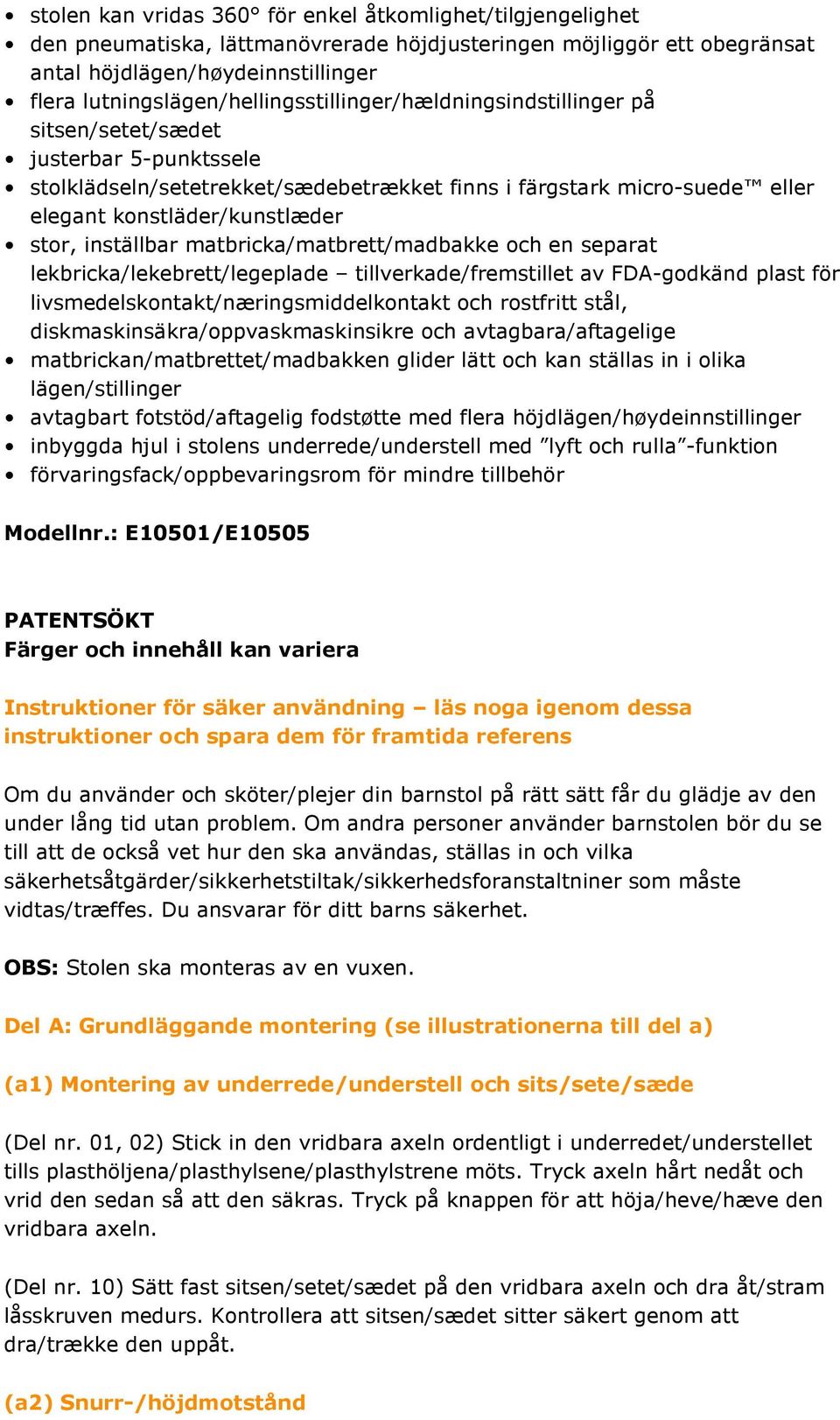 konstläder/kunstlæder stor, inställbar matbricka/matbrett/madbakke och en separat lekbricka/lekebrett/legeplade tillverkade/fremstillet av FDA-godkänd plast för livsmedelskontakt/næringsmiddelkontakt