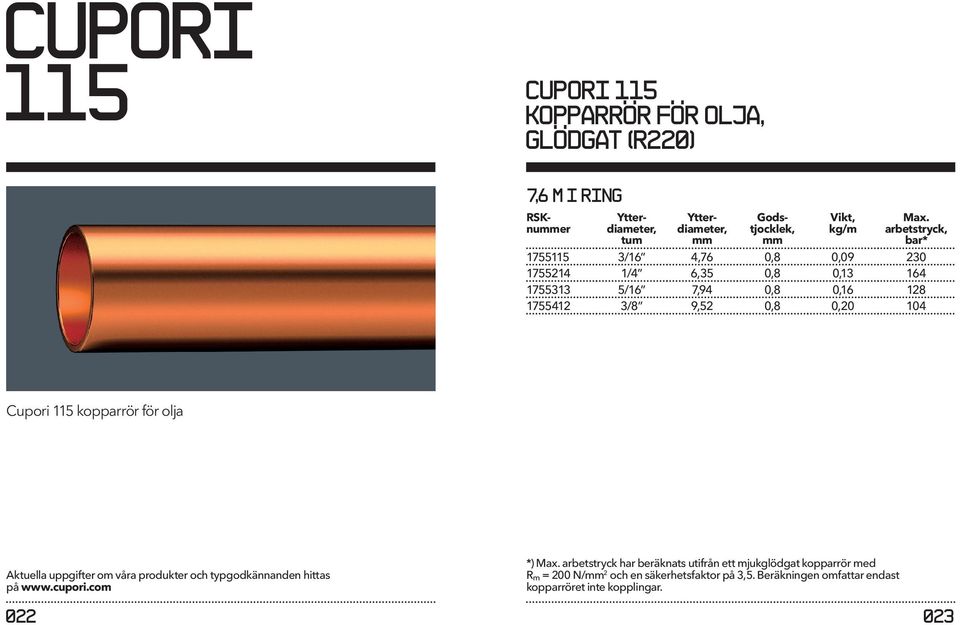 0,20 104 Cupori 115 kopparrör för olja Aktuella uppgifter om våra produkter och typgodkännanden hittas på www.cupori.com *) Max.