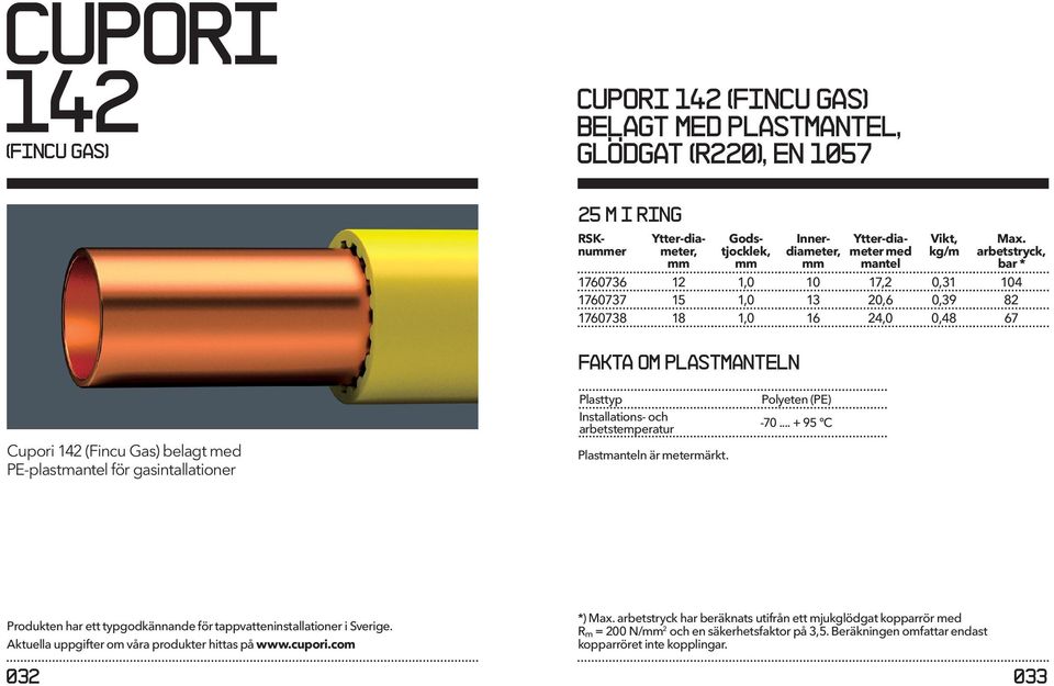 gasintallationer Plasttyp Installations- och arbetstemperatur Plastmanteln är metermärkt. Polyeten (PE) -70... + 95 C Produkten har ett typgodkännande för tappvatteninstallationer i Sverige.