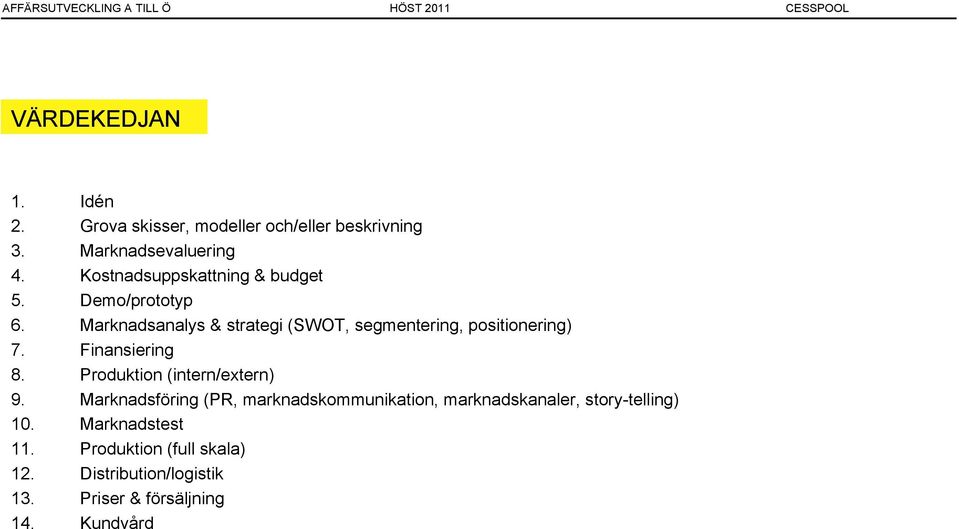 Marknadsanalys & strategi (SWOT, segmentering, positionering) 7. Finansiering 8. Produktion (intern/extern) 9.