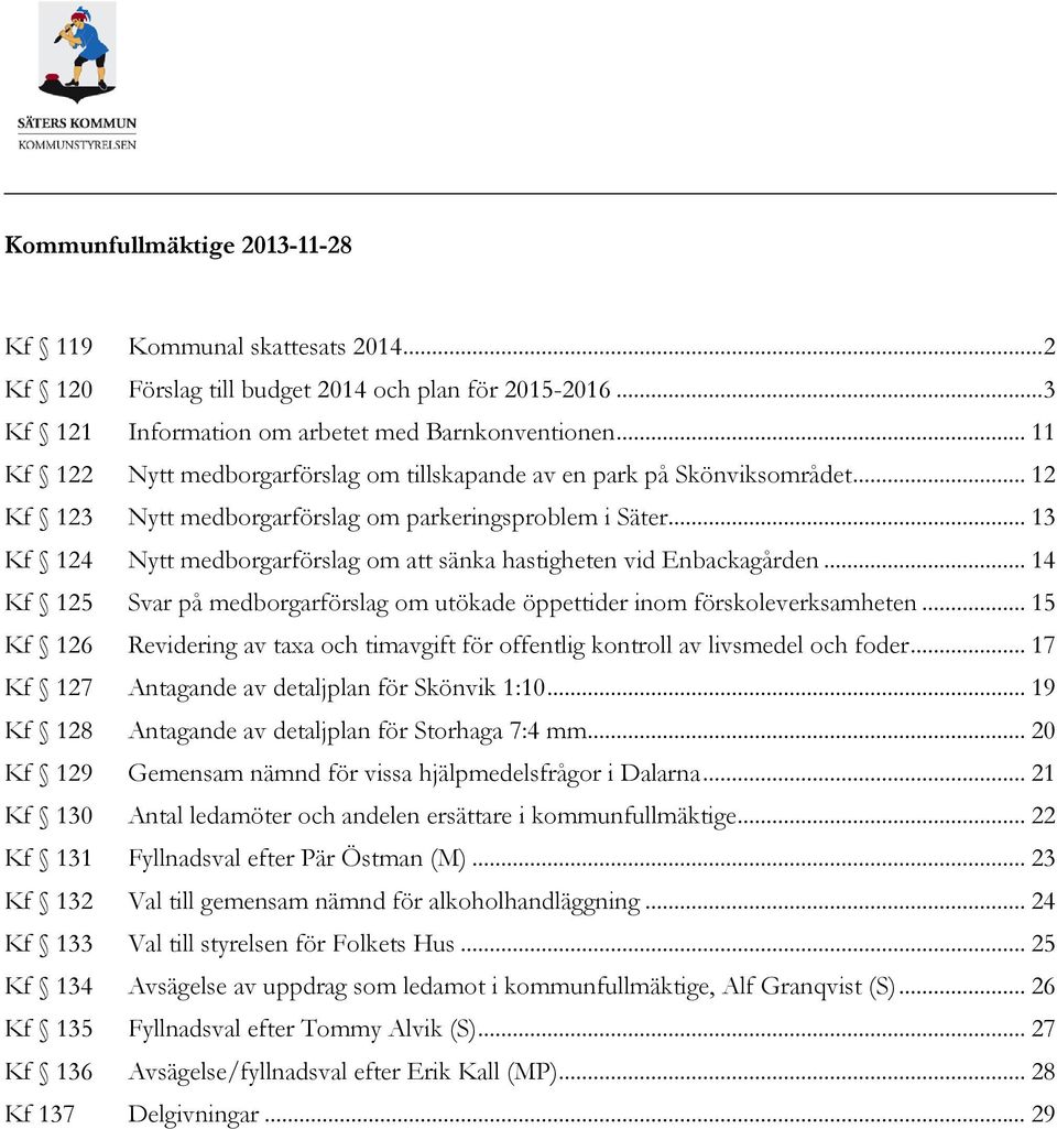.. 13 Kf 124 Nytt medborgarförslag om att sänka hastigheten vid Enbackagården... 14 Kf 125 Svar på medborgarförslag om utökade öppettider inom förskoleverksamheten.