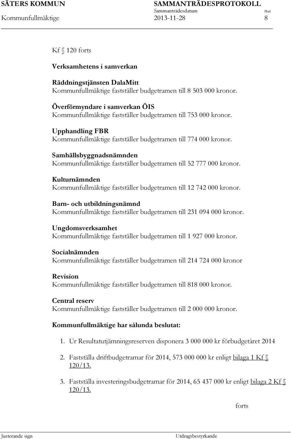 Samhällsbyggnadsnämnden Kommunfullmäktige fastställer budgetramen till 52 777 000 kronor. Kulturnämnden Kommunfullmäktige fastställer budgetramen till 12 742 000 kronor.