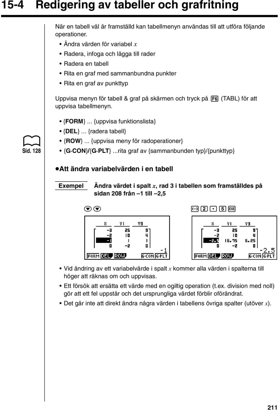 6 (TABL) för att uppvisa tabellmenyn. Sid. 128 {FORM}... {uppvisa funktionslista} {DEL}... {radera tabell} {ROW}... {uppvisa meny för radoperationer} {G CON}/{G PLT}.