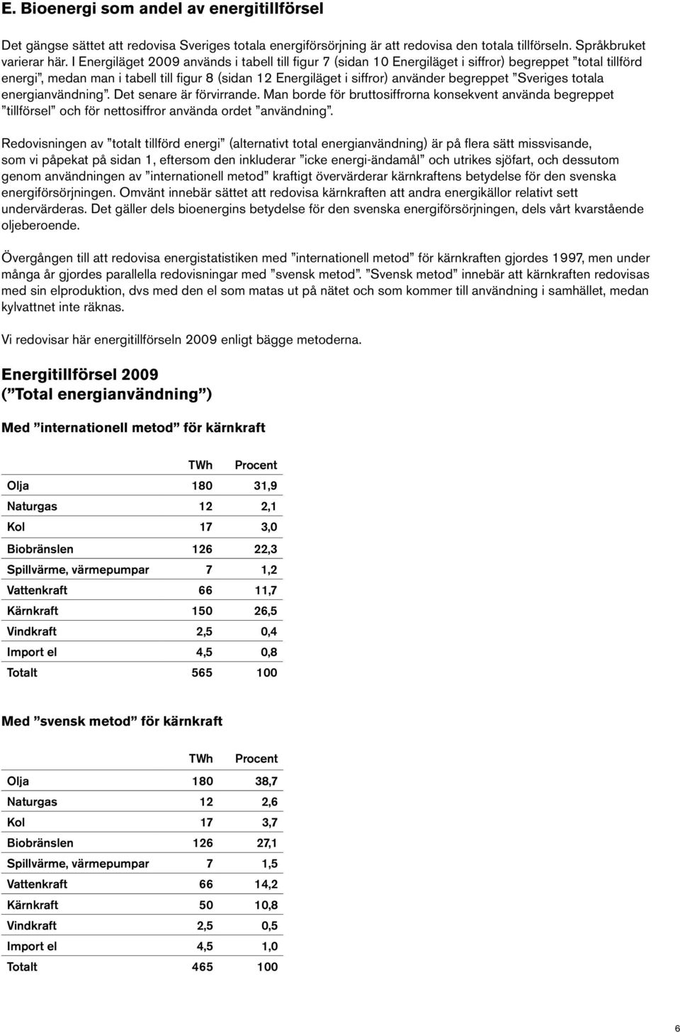 Sveriges totala energianvändning. Det senare är förvirrande. Man borde för bruttosiffrorna konsekvent använda begreppet tillförsel och för nettosiffror använda ordet användning.