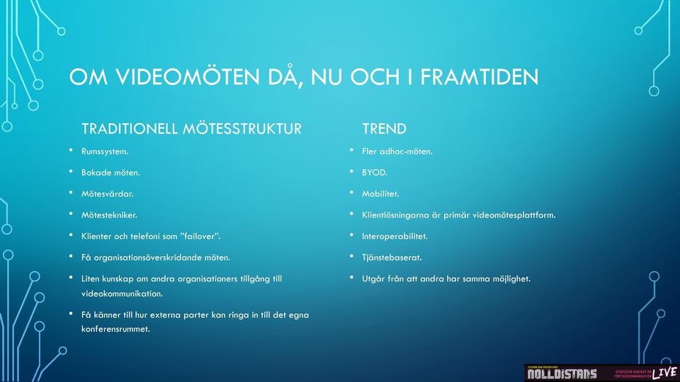 Liten kunskap om andra organisationers tillgång till videokommunikation. TREND Fler adhoc-möten. BYOD. Mobilitet.