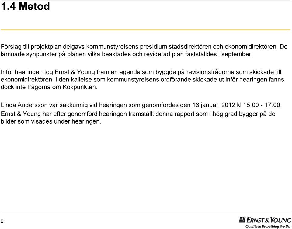 Inför hearingen tog Ernst & Young fram en agenda som byggde på revisionsfrågorna som skickade till ekonomidirektören.