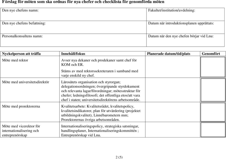 vicerektor för internationalisering och entreprenörskap Avser nya dekaner och prodekaner samt chef för KOM och ER. Stäms av med rektorssekreteraren i samband med varje enskild ny chef.