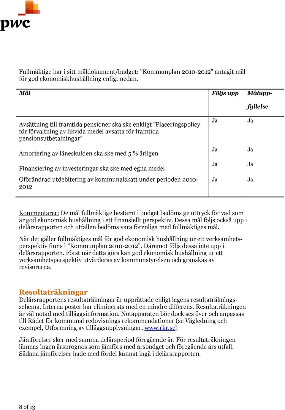 låneskulden ska ske med 5 % årligen Finansiering av investeringar ska ske med egna medel Oförändrad utdebitering av kommunalskatt under perioden 2010-2012 Kommentarer: De mål fullmäktige bestämt i