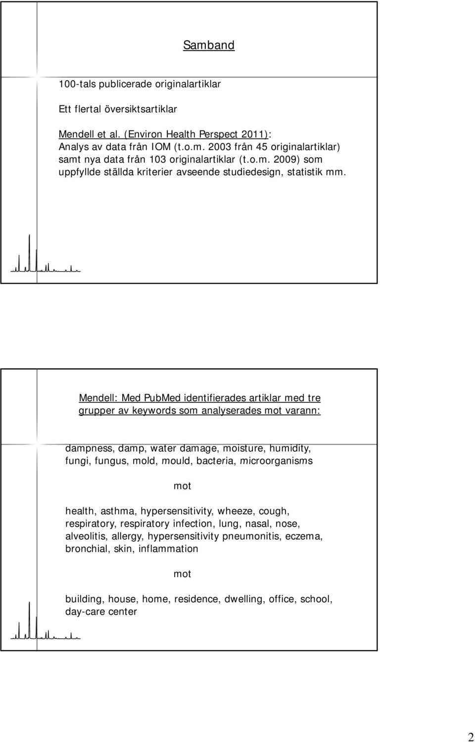 Mendell: Med PubMed identifierades artiklar med tre grupper av keywords som analyserades mot varann: dampness, damp, water damage, moisture, humidity, fungi, fungus, mold, mould, bacteria,