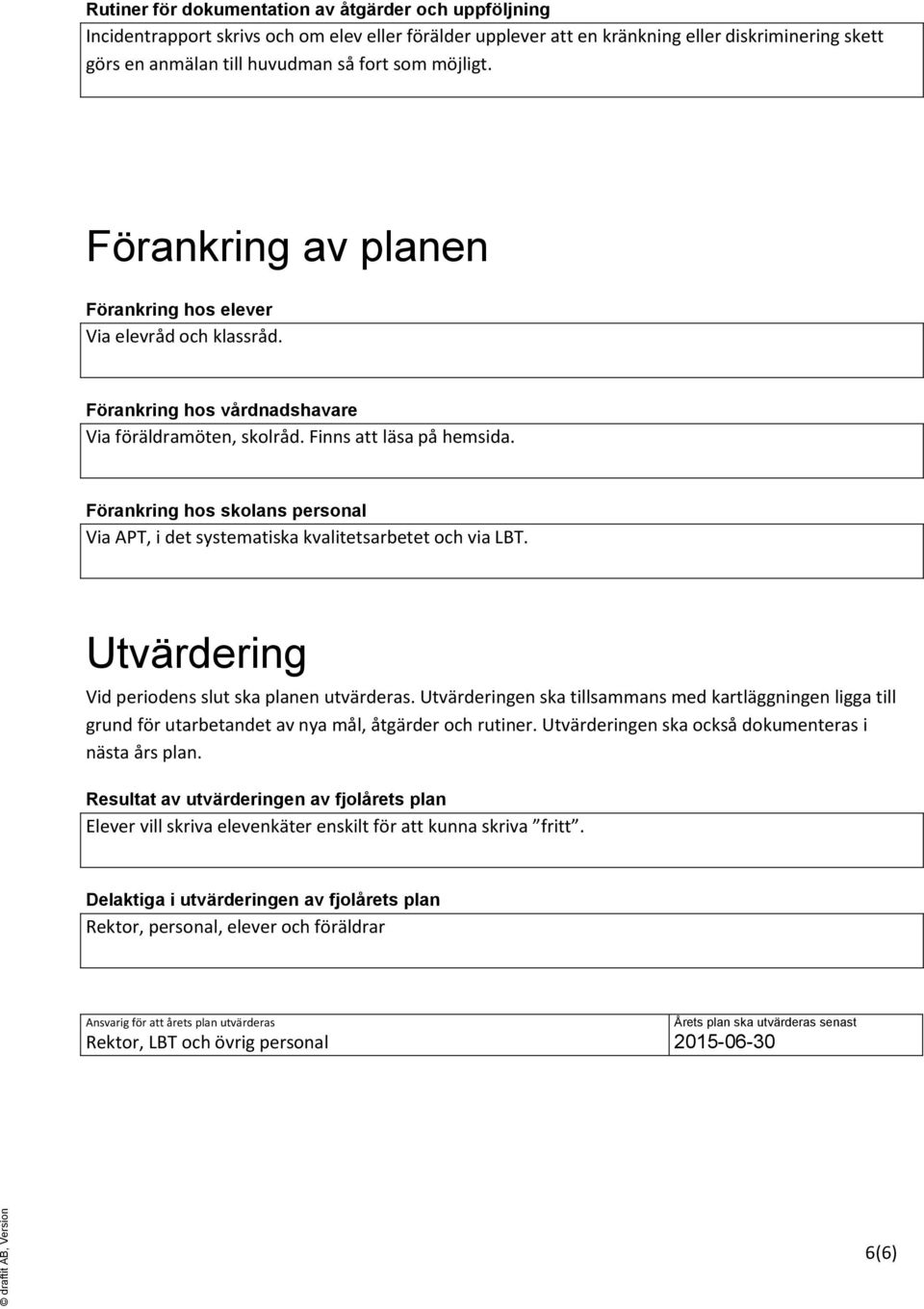 Förankring hos skolans personal Via APT, i det systematiska kvalitetsarbetet och via LBT. Utvärdering Vid periodens slut ska planen utvärderas.