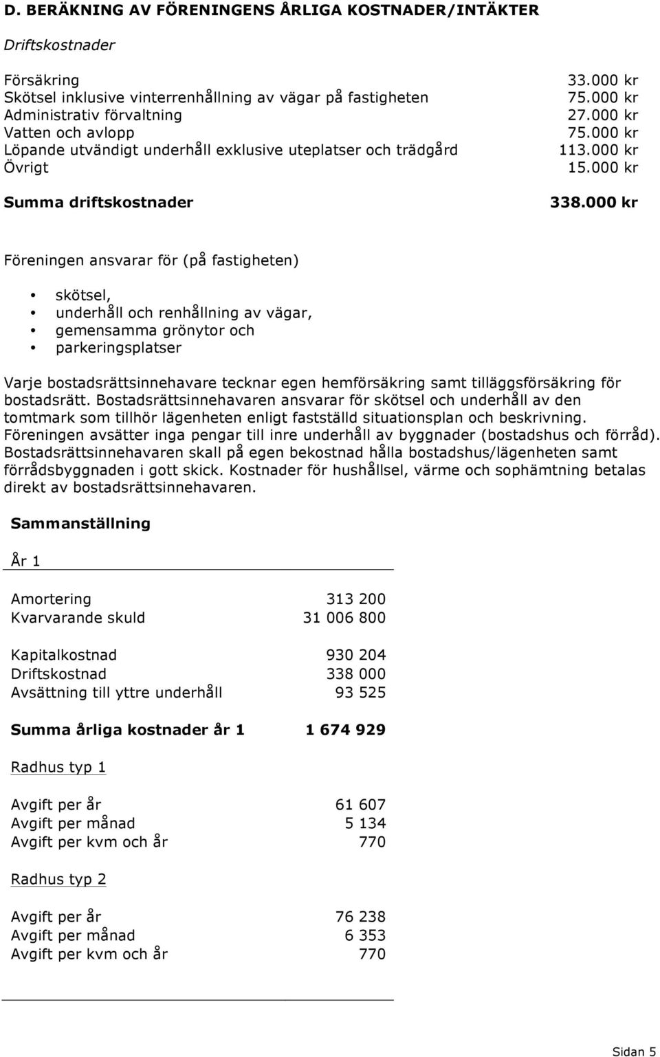 kr Föreningen ansvarar för (på fastigheten) skötsel, underhåll och renhållning av vägar, gemensamma grönytor och parkeringsplatser Varje bostadsrättsinnehavare tecknar egen hemförsäkring samt