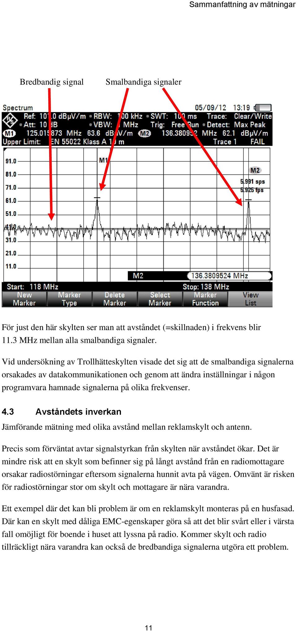 frekvenser. 4.3 Avståndets inverkan Jämförande mätning med olika avstånd mellan reklamskylt och antenn. Precis som förväntat avtar signalstyrkan från skylten när avståndet ökar.