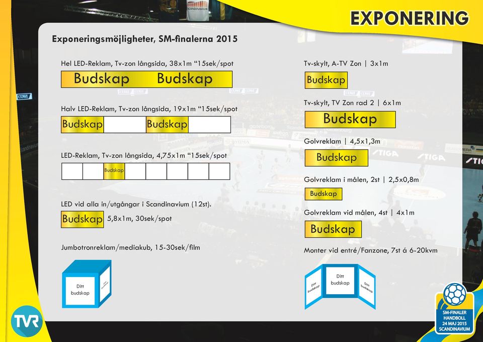 5,8x1m, 30sek/spot Jumbotronreklam/mediakub, 15-30sek/film Tv-skylt, A-TV Zon 3x1m EXPONERING Tv-skylt, TV Zon rad 2 6x1m Golvreklam