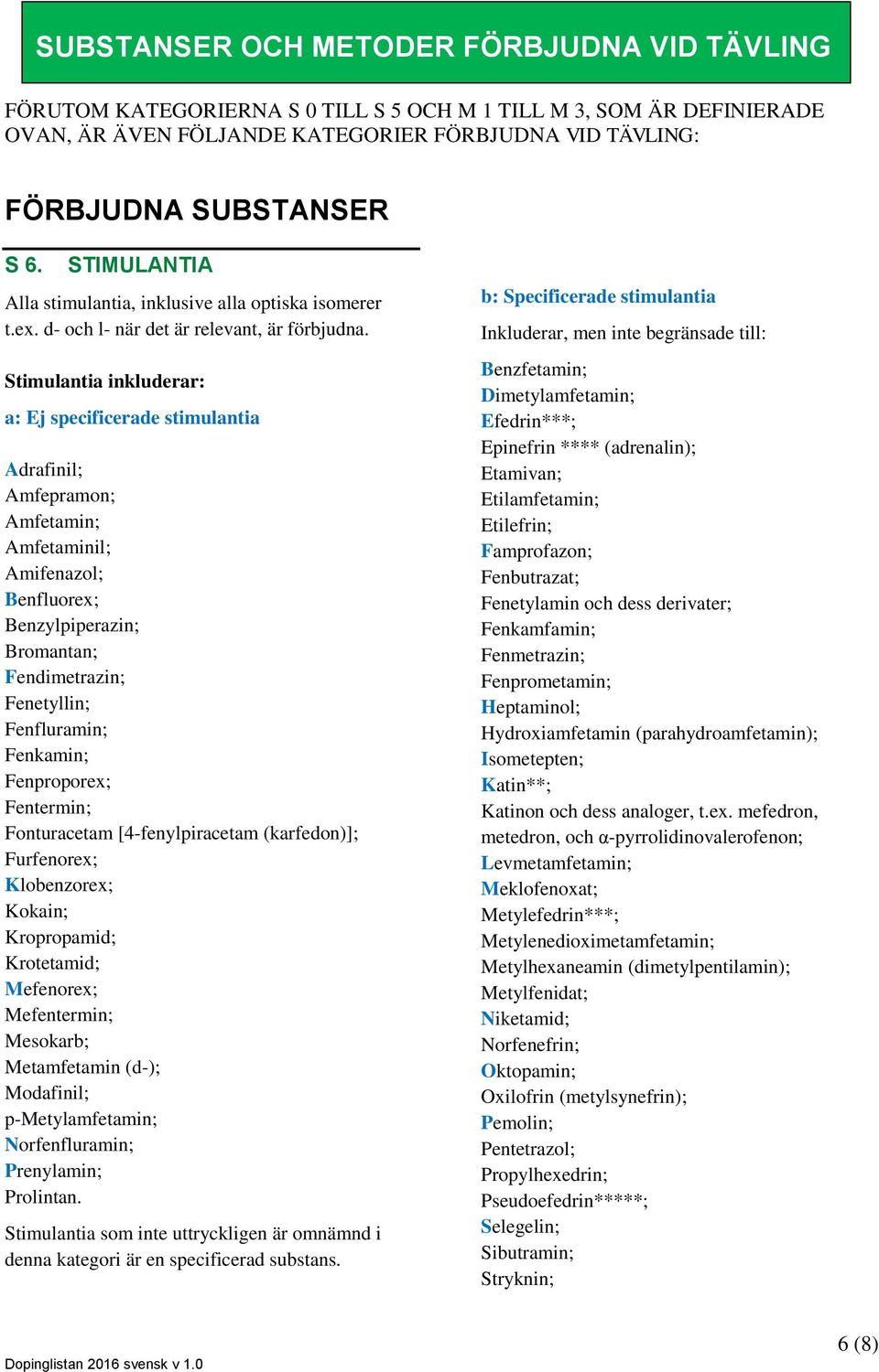 Stimulantia inkluderar: a: Ej specificerade stimulantia Adrafinil; Amfepramon; Amfetamin; Amfetaminil; Amifenazol; Benfluorex; Benzylpiperazin; Bromantan; Fendimetrazin; Fenetyllin; Fenfluramin;