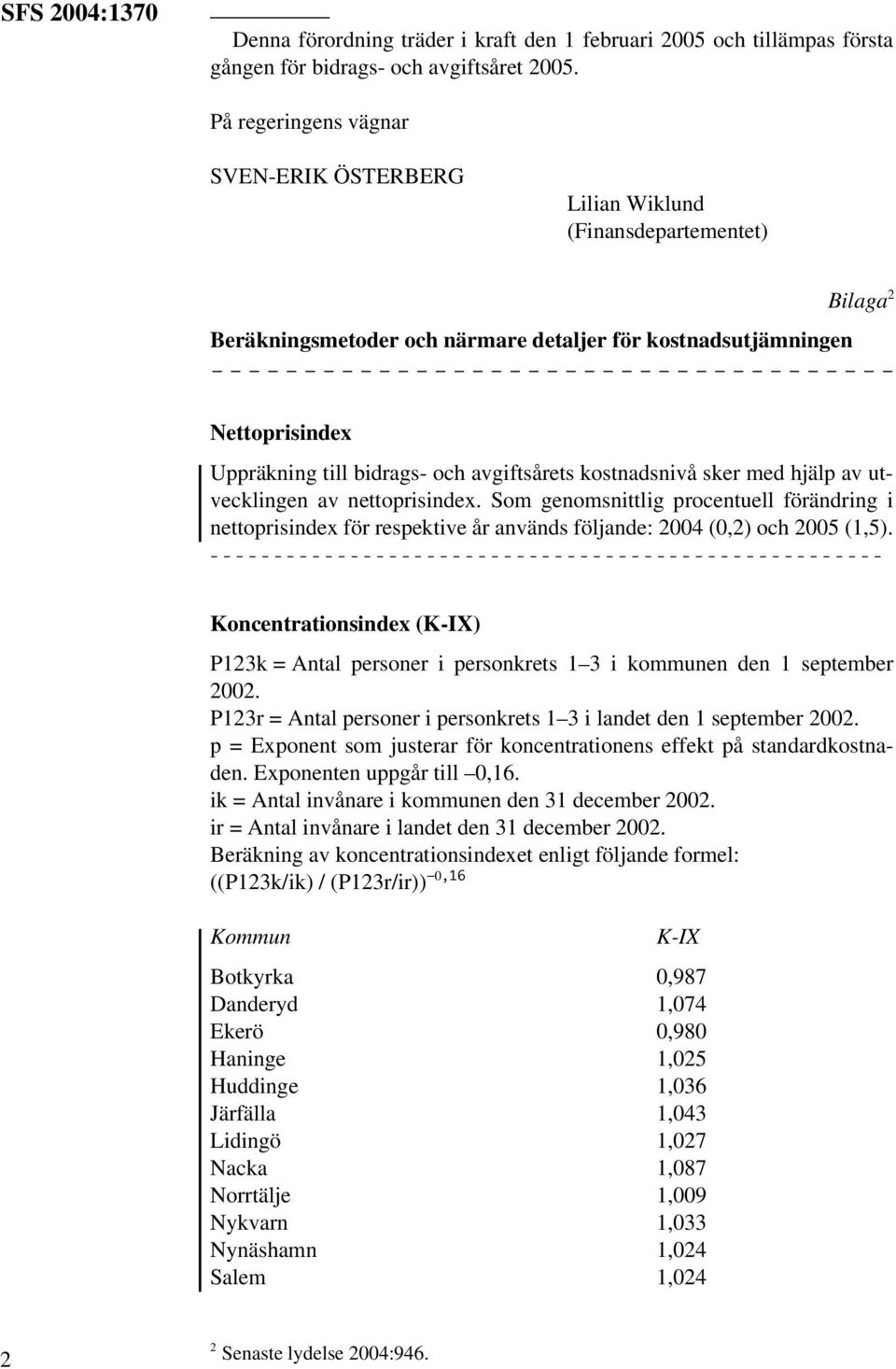 avgiftsårets kostnadsnivå sker med hjälp av utvecklingen av nettoprisindex. Som genomsnittlig procentuell förändring i nettoprisindex för respektive år används följande: 2004 (0,2) och 2005 (1,5).