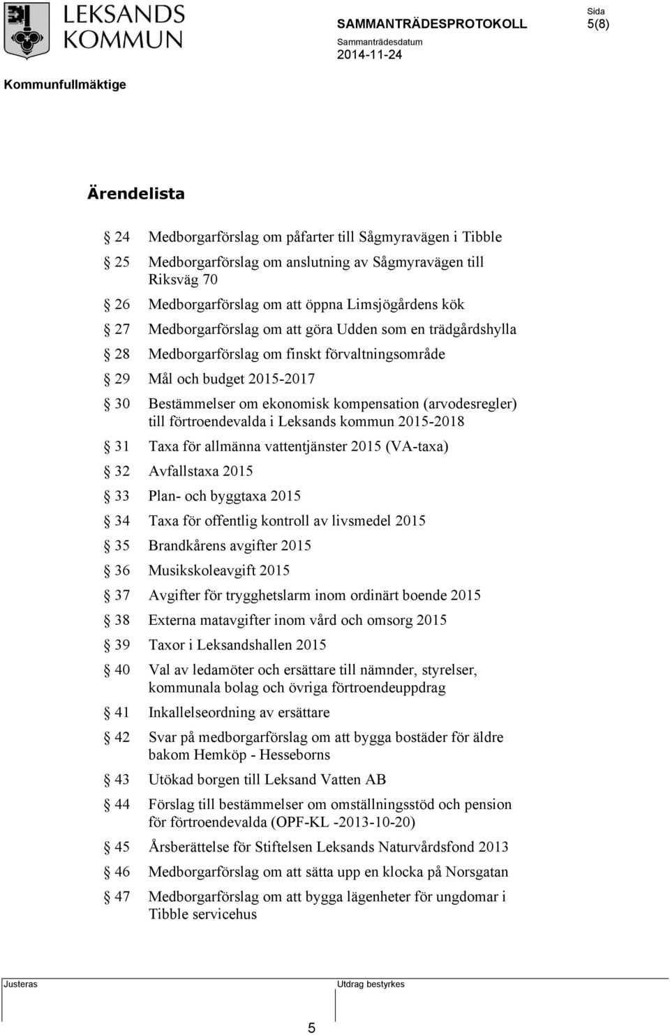 förtroendevalda i Leksands kommun 2015-2018 31 Taxa för allmänna vattentjänster 2015 (VA-taxa) 32 Avfallstaxa 2015 33 Plan- och byggtaxa 2015 34 Taxa för offentlig kontroll av livsmedel 2015 35