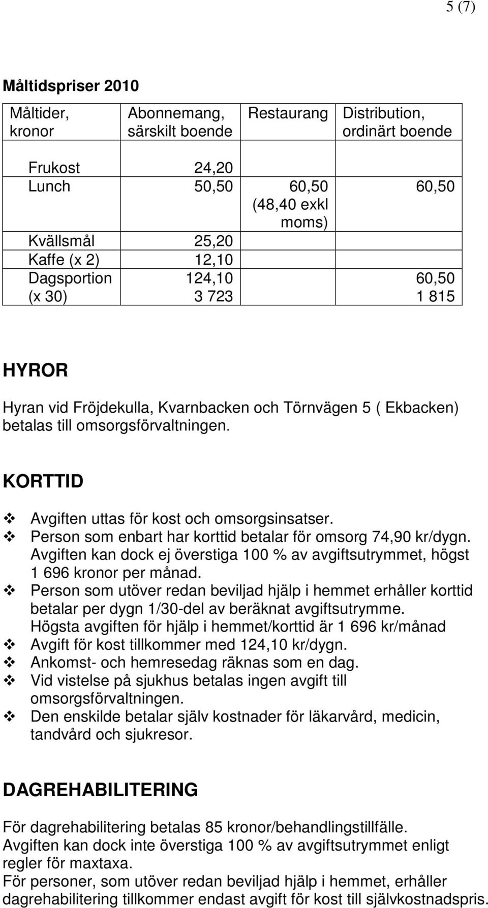 KORTTID Avgiften uttas för kost och omsorgsinsatser. Person som enbart har korttid betalar för omsorg 74,90 kr/dygn.