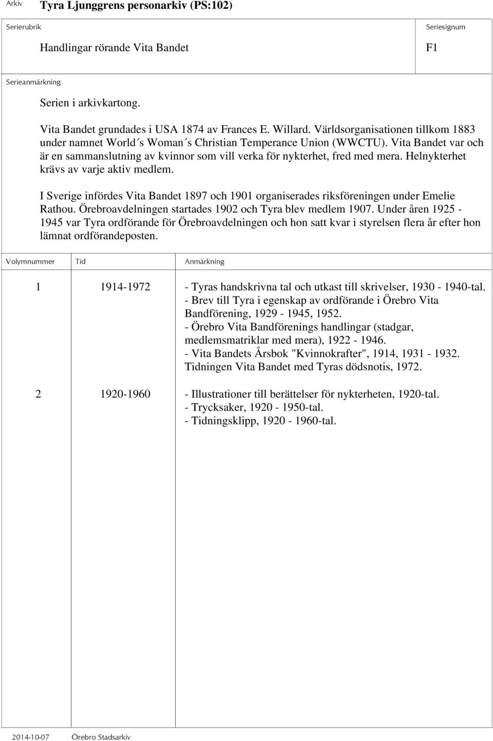 I Sverige infördes Vita Bandet 1897 och 1901 organiserades riksföreningen under Emelie Rathou. Örebroavdelningen startades 1902 och Tyra blev medlem 1907.