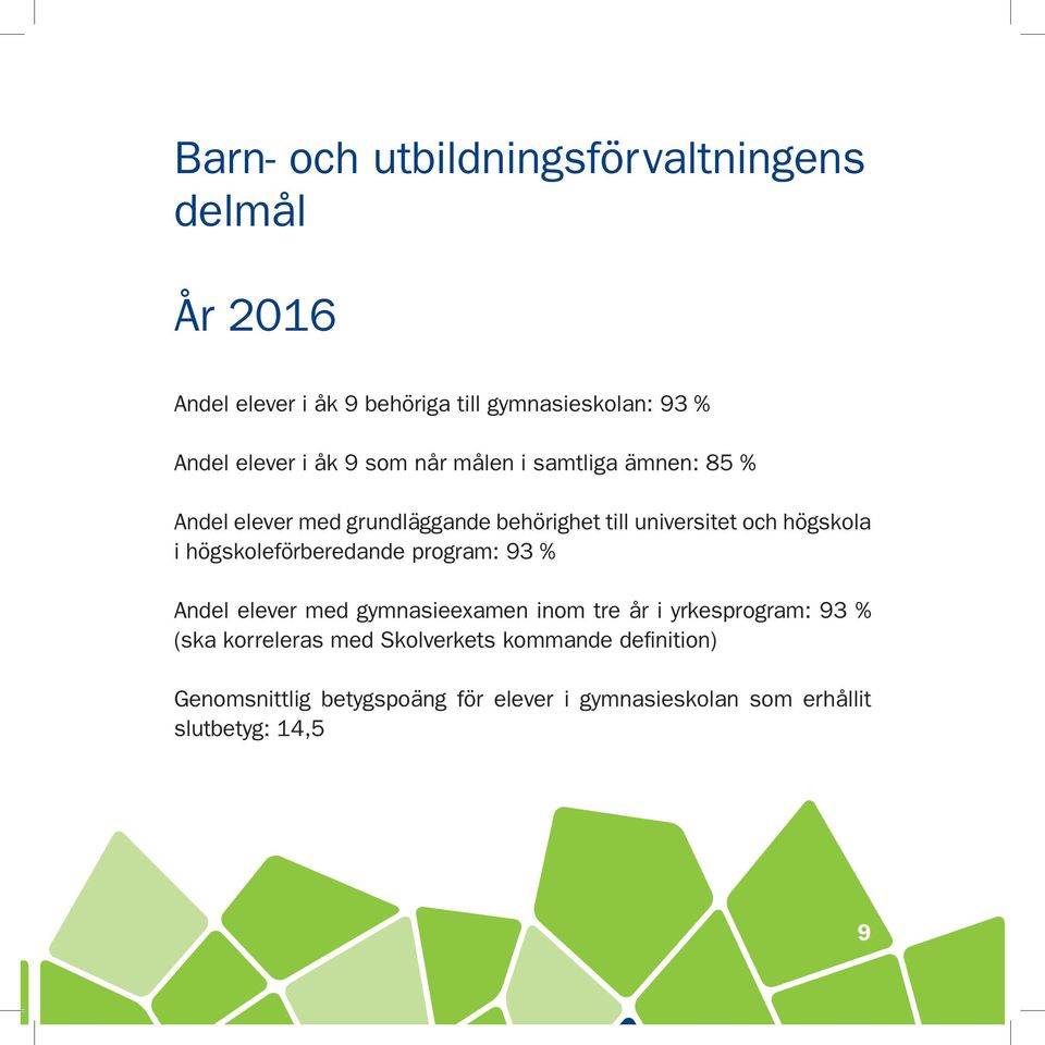 högskoleförberedande program: 93 % Andel elever med gymnasieexamen inom tre år i yrkesprogram: 93 % (ska korreleras