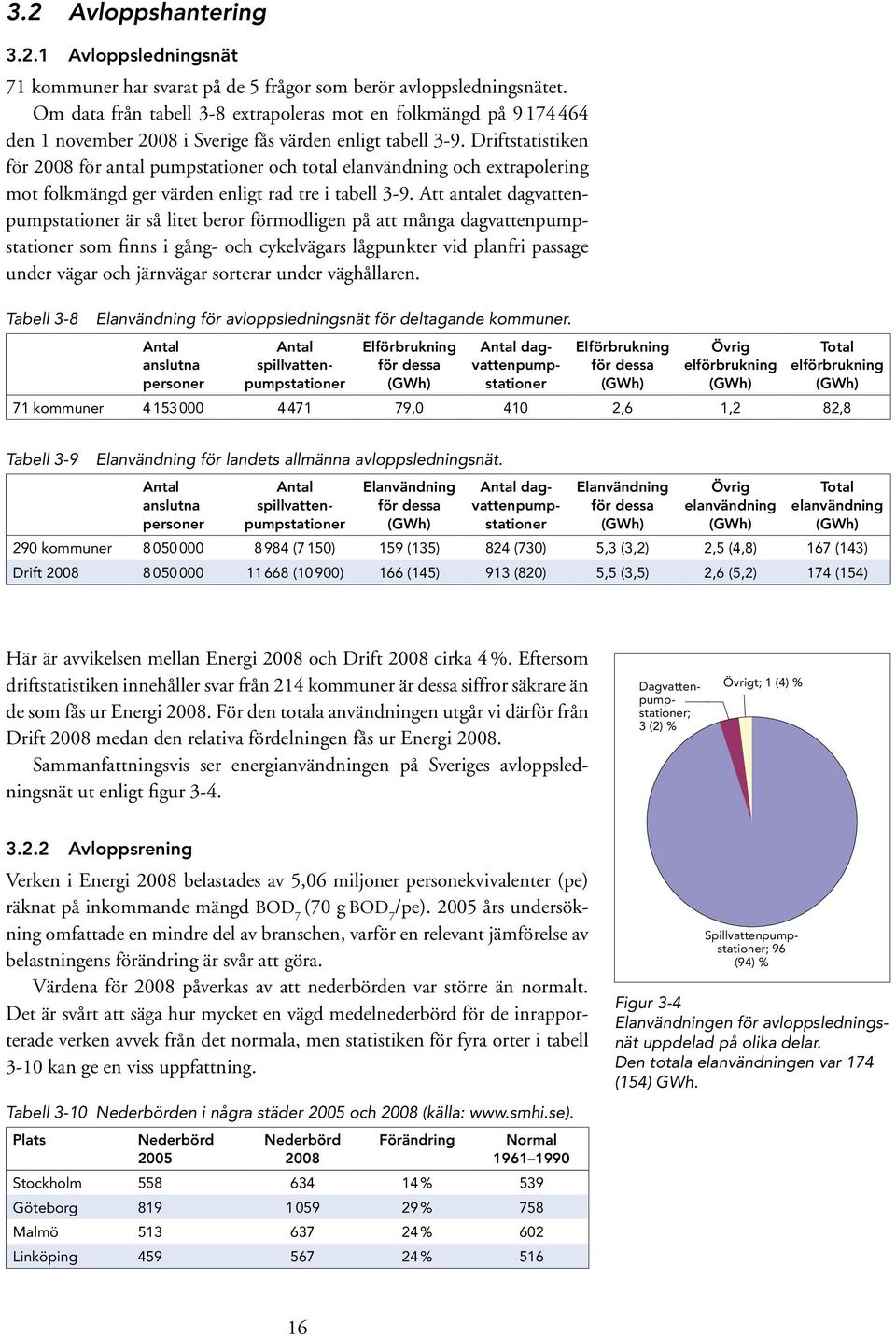 Driftstatistiken för 2008 för antal pumpstationer och total elanvändning och extrapolering mot folkmängd ger värden enligt rad tre i tabell 3-9.