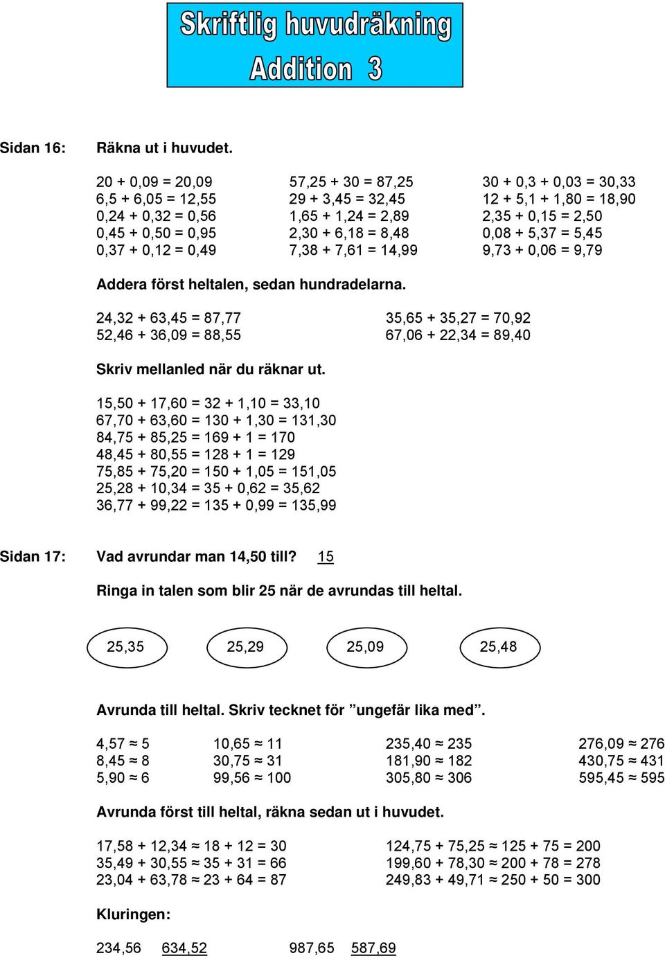24,32 + 63,45 = 87,77 35,65 + 35,27 = 70,92 52,46 + 36,09 = 88,55 67,06 + 22,34 = 89,40 Skriv mellanled när du räknar ut.