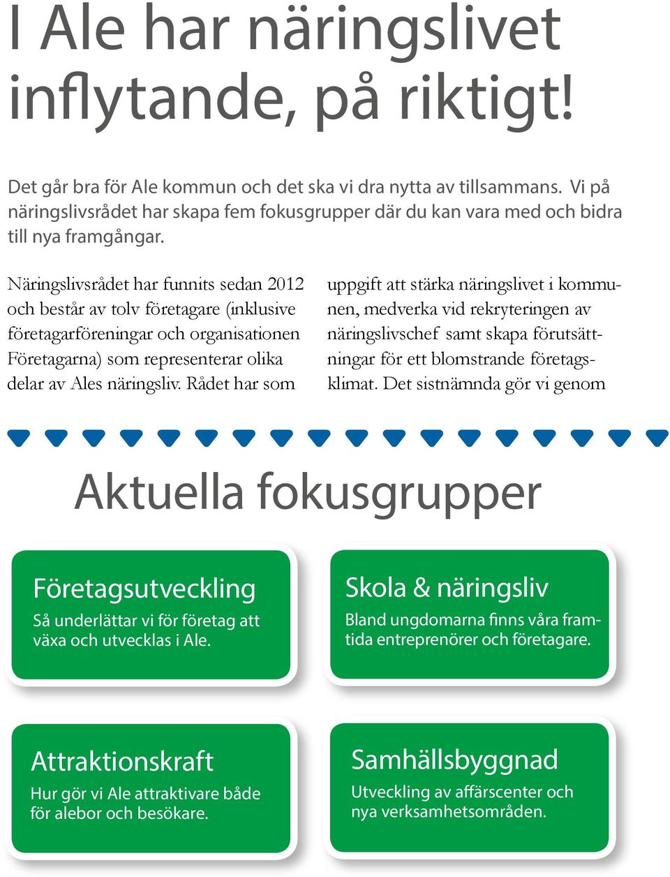 Näringslivsrådet har funnits sedan 2012 och består av tolv företagare (inklusive företagarföreningar och organisationen Företagarna) som representerar olika delar av Ales näringsliv.