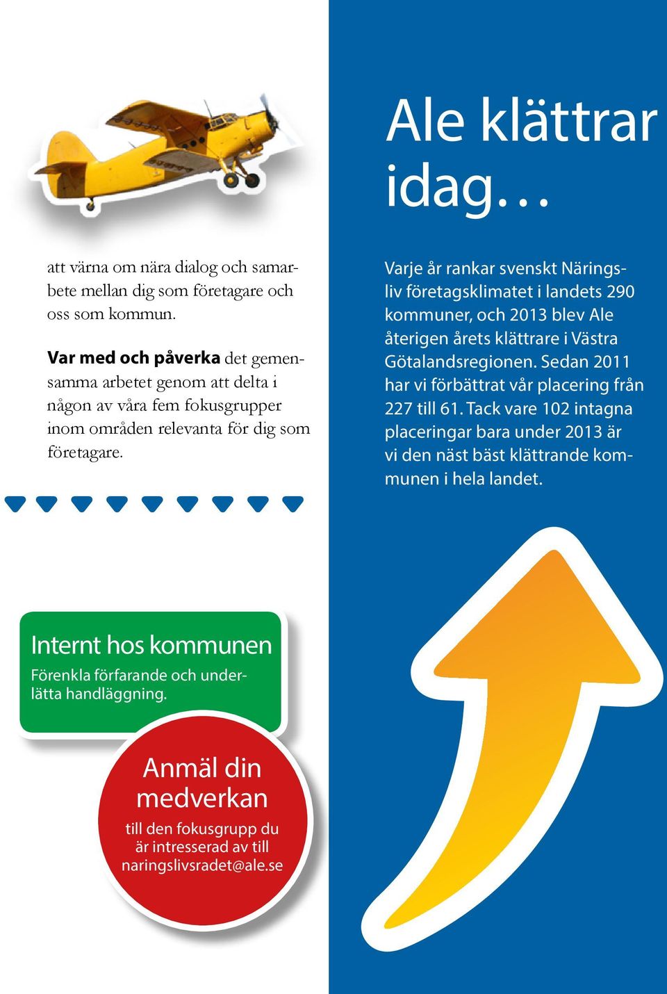 Varje år rankar svenskt Näringsliv företagsklimatet i landets 290 kommuner, och 2013 blev Ale återigen årets klättrare i Västra Götalandsregionen.