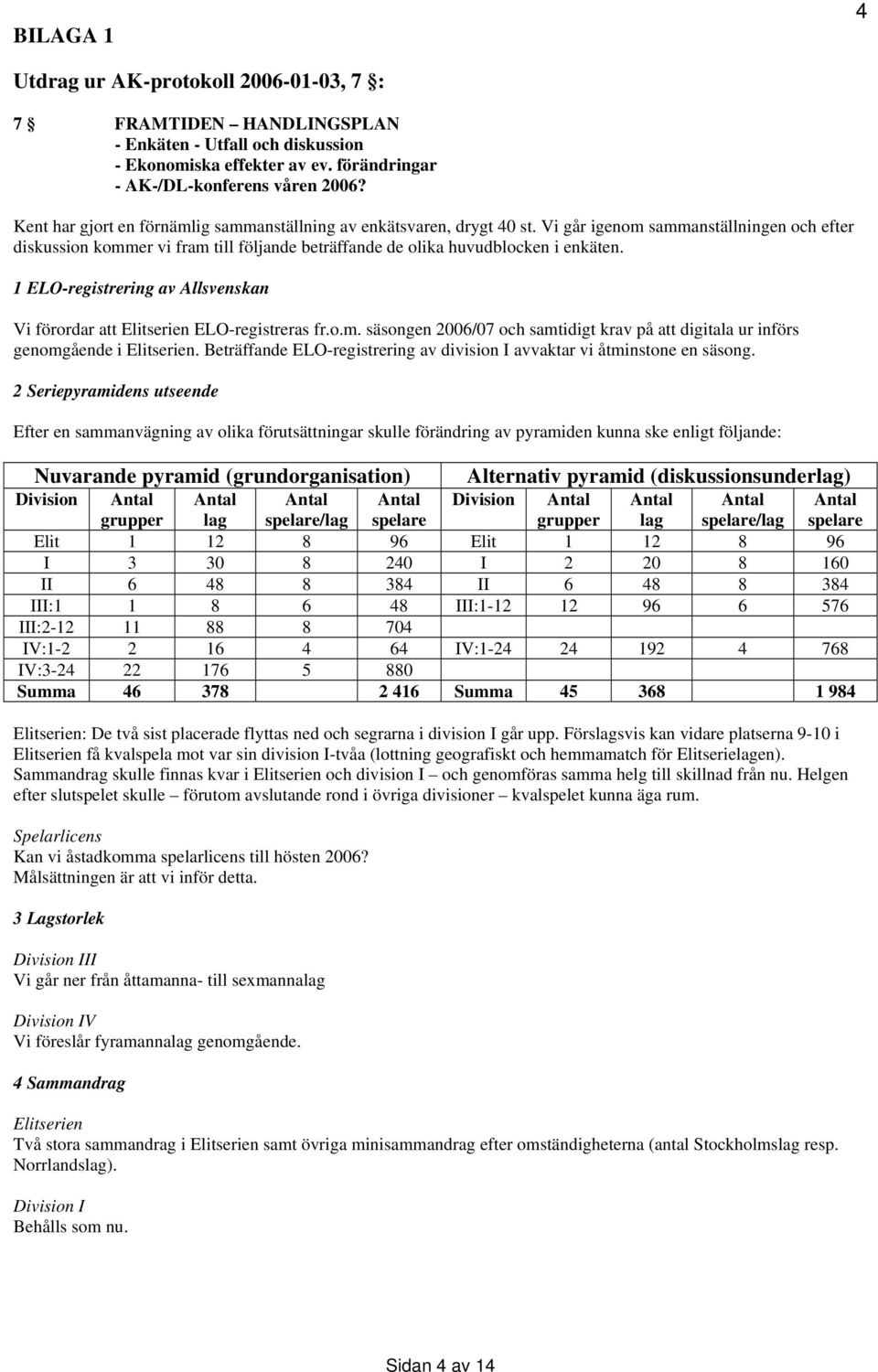 1 ELO-registrering av Allsvenskan Vi förordar att Elitserien ELO-registreras fr.o.m. säsongen 2006/07 och samtidigt krav på att digitala ur införs genomgående i Elitserien.