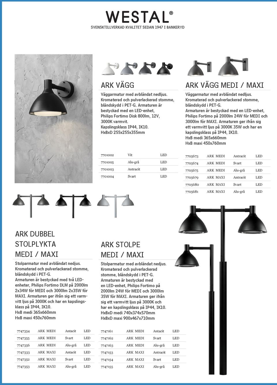 Armaturen är bestyckad med en LED-enhet, Philips Fortimo på 2000lm 24W för MEDI och 3000lm för MAXI. Armaturen ger ifrån sig ett varmvitt ljus på 3000K 35W och har en kapslingsklass på IP44, IK10.