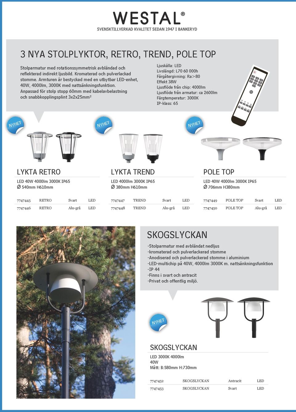 Anpassad för stolp stopp 60mm med kabelavbelastning och snabbkopplingsplint 3x2x25mm ² Ljuskälla: LED Livslängd: L70 60 000h Färgåtergivning: Ra>80 Effekt 38W Ljusflöde från chip: 4000lm Ljusflöde
