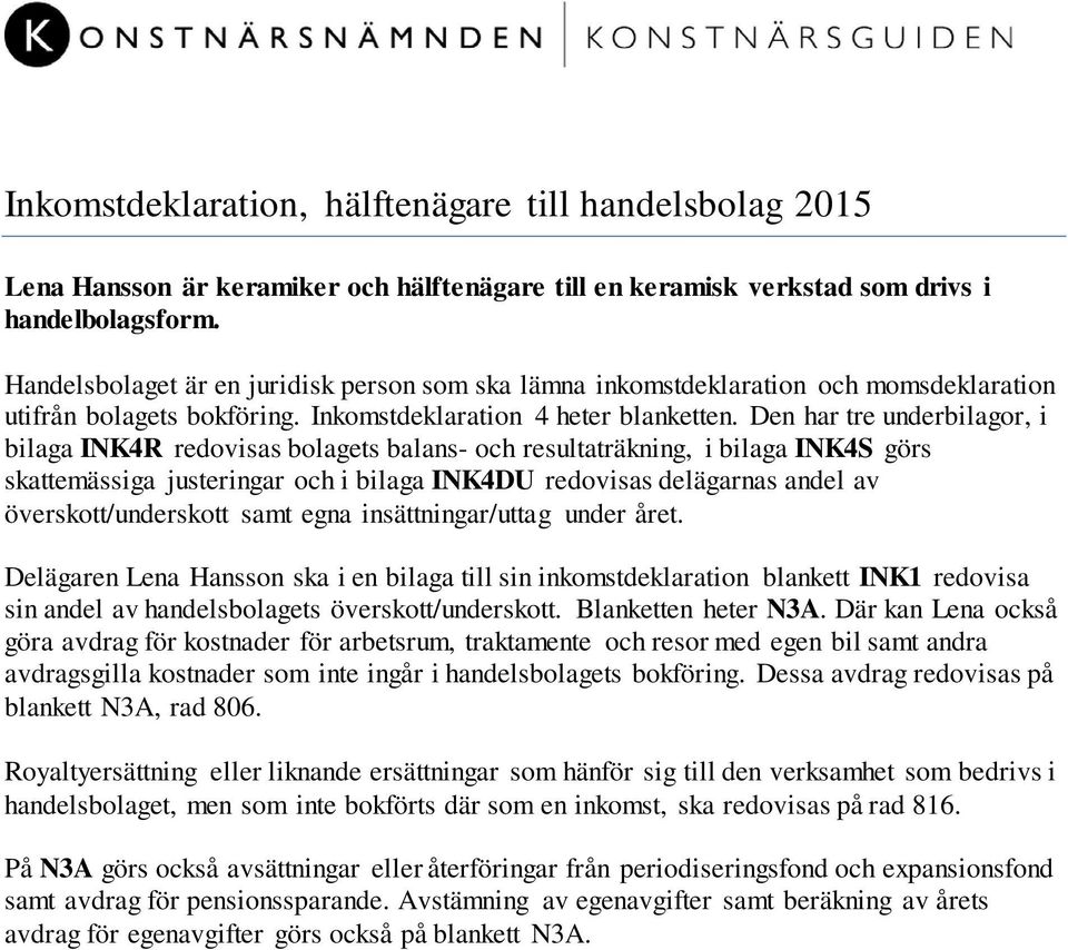Den har tre underbilagor, i bilaga INK4R redovisas bolagets balans och resultaträkning, i bilaga INK4S görs skattemässiga justeringar och i bilaga INK4DU redovisas delägarnas andel av
