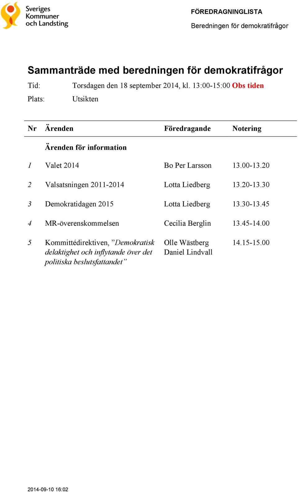 20 2 Valsatsningen 2011-2014 Lotta Liedberg 13.20-13.30 3 Demokratidagen 2015 Lotta Liedberg 13.30-13.