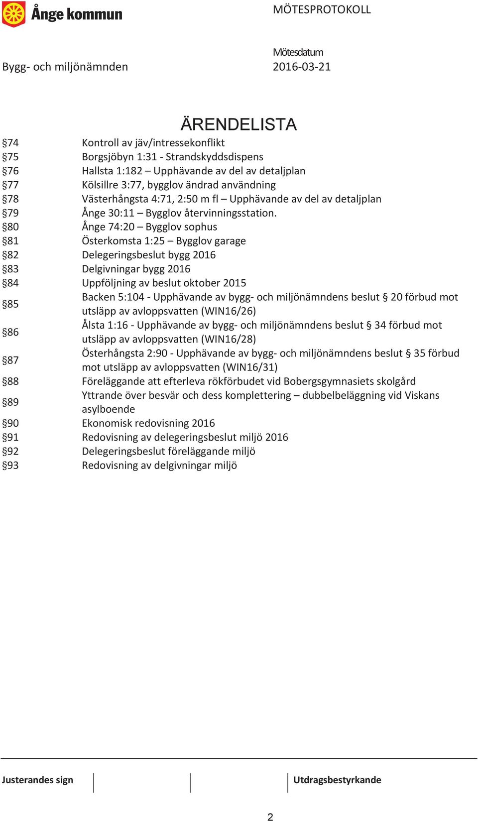 80 Ånge 74:20 Bygglov sophus 81 Österkomsta 1:25 Bygglov garage 82 Delegeringsbeslut bygg 2016 83 Delgivningar bygg 2016 84 Uppföljning av beslut oktober 2015 85 Backen 5:104 - Upphävande av bygg-