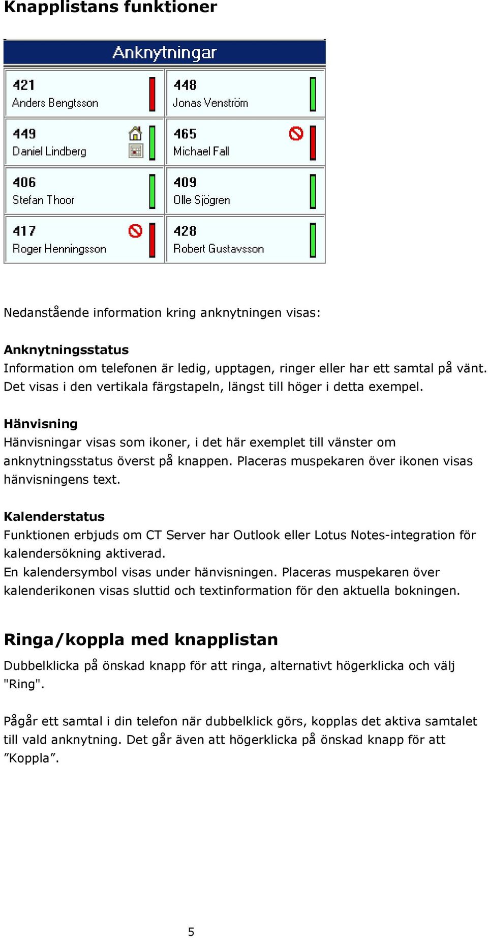 Placeras muspekaren över ikonen visas hänvisningens text. Kalenderstatus Funktionen erbjuds om CT Server har Outlook eller Lotus Notes-integration för kalendersökning aktiverad.