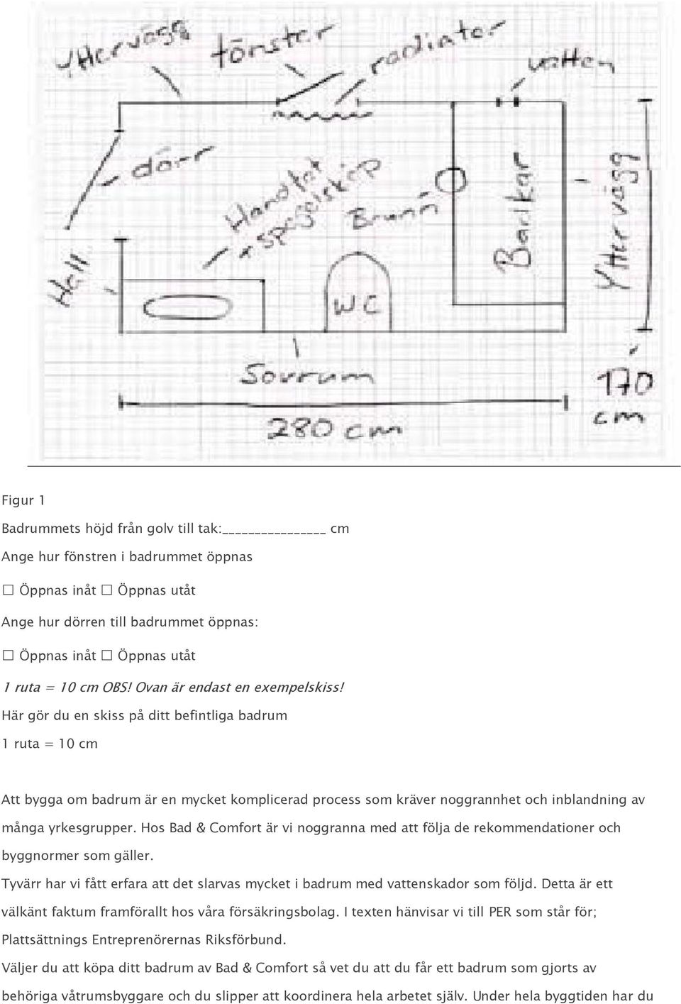 Här gör du en skiss på ditt befintliga badrum 1 ruta = 10 cm Att bygga om badrum är en mycket komplicerad process som kräver noggrannhet och inblandning av många yrkesgrupper.