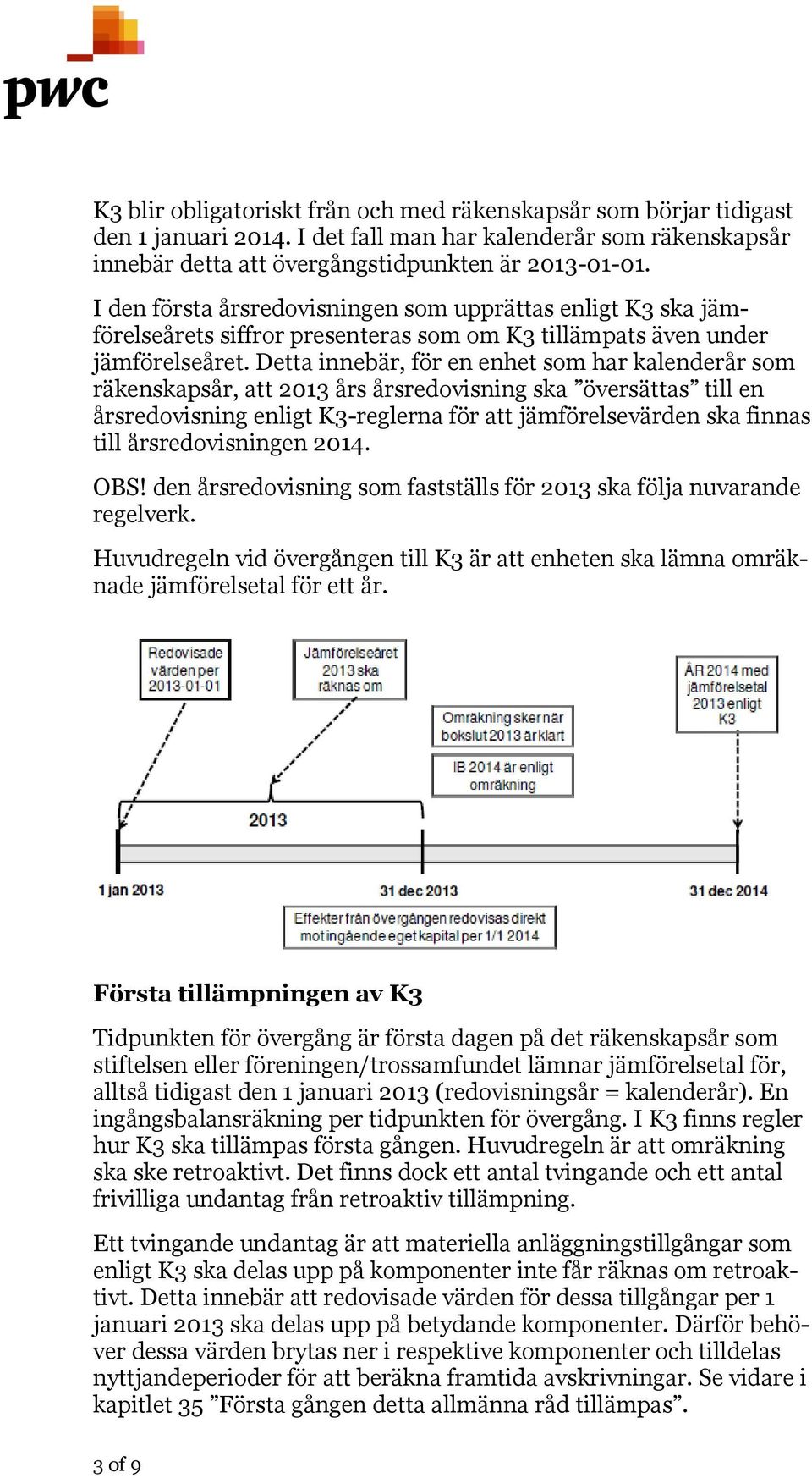 Detta innebär, för en enhet som har kalenderår som räkenskapsår, att 2013 års årsredovisning ska översättas till en årsredovisning enligt K3-reglerna för att jämförelsevärden ska finnas till