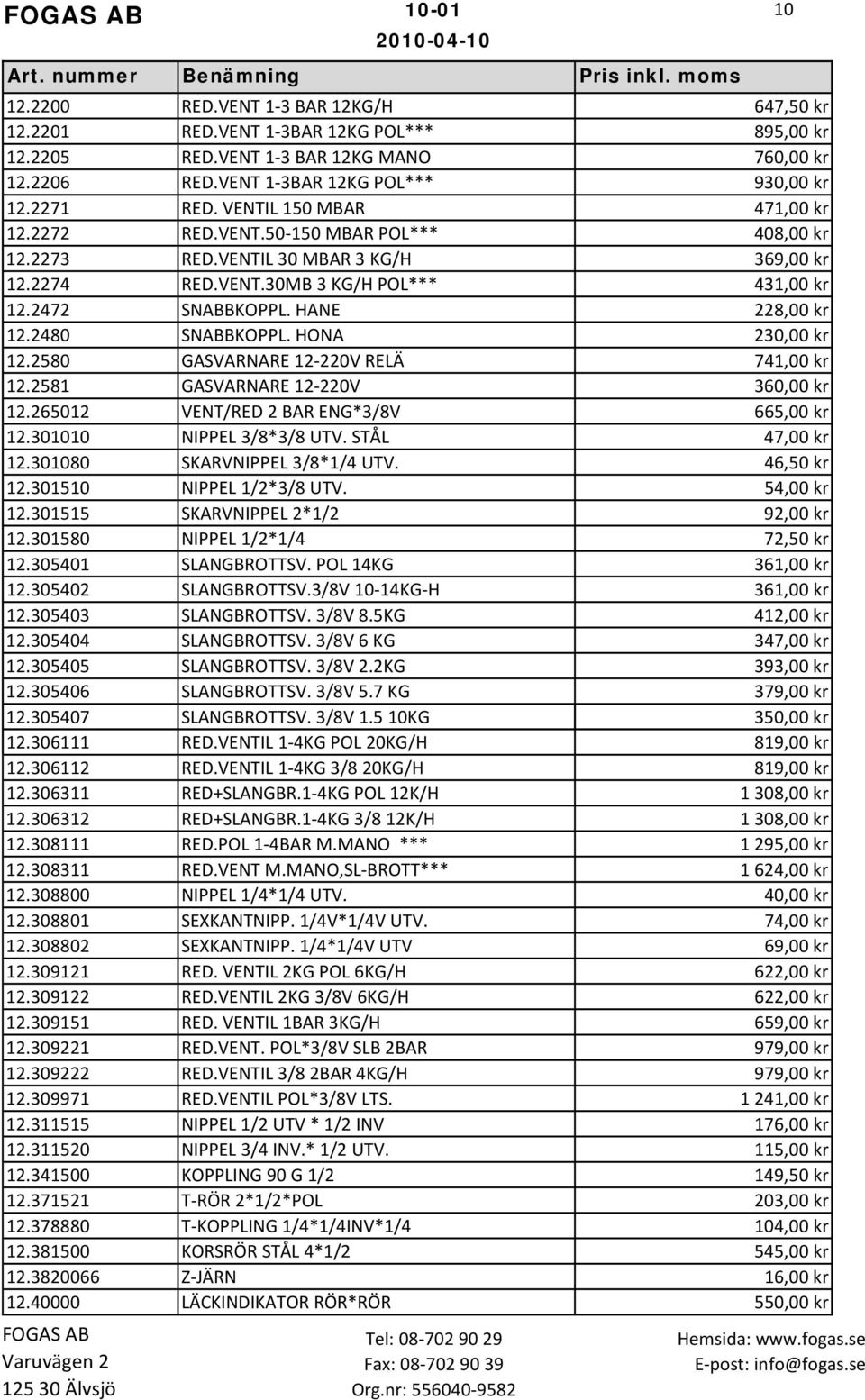 2480 SNABBKOPPL. HONA 230,00 kr 12.2580 GASVARNARE 12 220V RELÄ 741,00 kr 12.2581 GASVARNARE 12 220V 360,00 kr 12.265012 VENT/RED 2 BAR ENG*3/8V 665,00 kr 12.301010 NIPPEL 3/8*3/8 UTV.