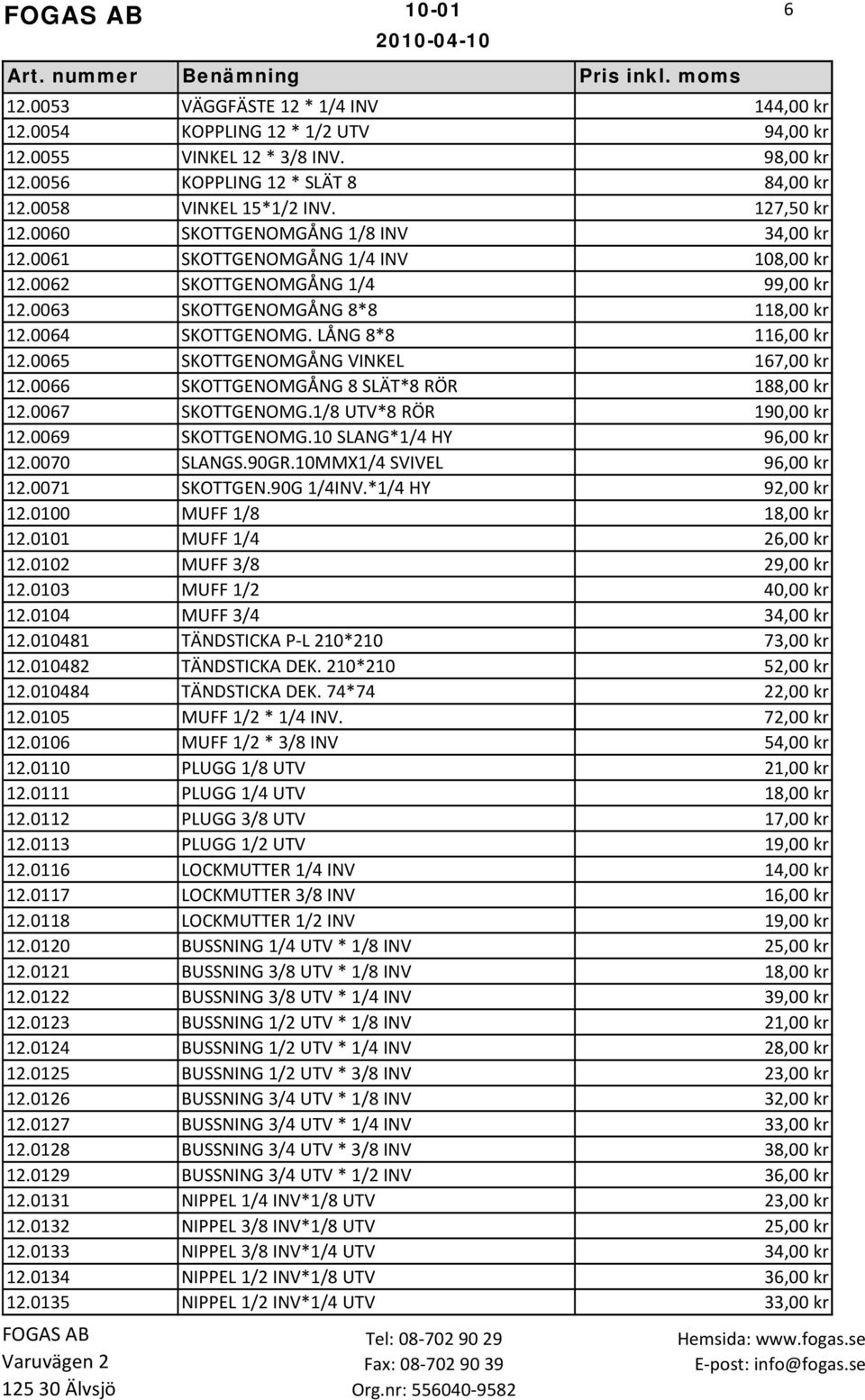 LÅNG 8*8 116,00 kr 12.0065 SKOTTGENOMGÅNG VINKEL 167,00 kr 12.0066 SKOTTGENOMGÅNG 8 SLÄT*8 RÖR 188,00 kr 12.0067 SKOTTGENOMG.1/8 UTV*8 RÖR 190,00 kr 12.0069 SKOTTGENOMG.10 SLANG*1/4 HY 96,00 kr 12.